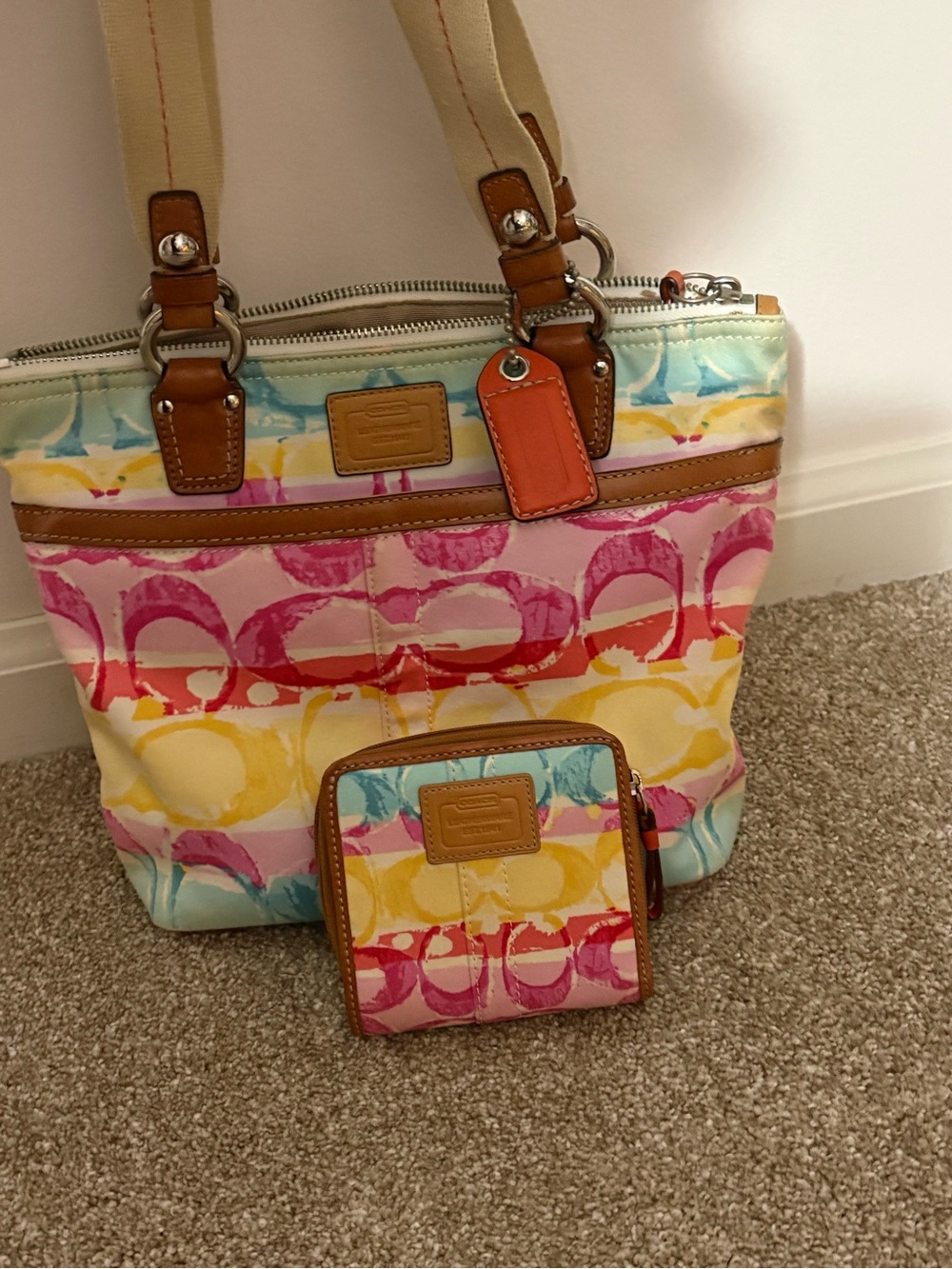 Coach Multicolor Canvas Tote in Pink, Yellow, Blue and Cream